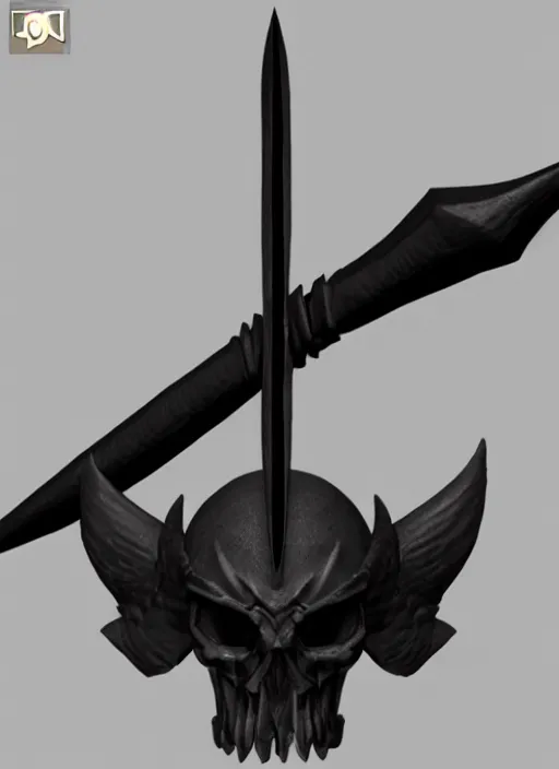 Prompt: a black long sword skull crest, orthographic, ornament, weapon, a 3 d render by dom qwek, front side full, trending on polycount, artstation, hard surface modeling, rendered in maya, zbrush, blender, hd, vray, berserk first person view, symmetry