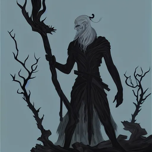 Prompt: gaunt bald pale white tiefling holding a staff made of gnarled wood, black raven sitting on staff, looming silhouette of undead god on horizon, three moons, illustration, sharp focus, highly detailed, digital painting