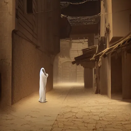 Image similar to old jeddah city alley, roshan, old shops, horse, magical glowing sand gateway to another dimension, a man wearing a white robe standing watching over, dramatic lighting, dawn, by caspar david friedrich by beeple and james gilleard and justin gerard, centered, artstation, smooth, sharp focus, photoreal octane render, 3 d, by jean baptiste monge