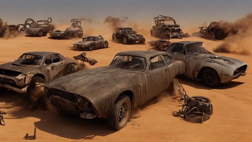 Image similar to mad max cars in a pixar movie
