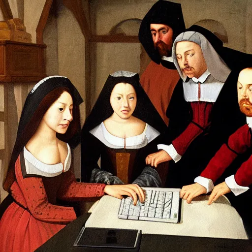 Prompt: a painting of a medieval era group of people looking at a computer in the style of diego velazquez