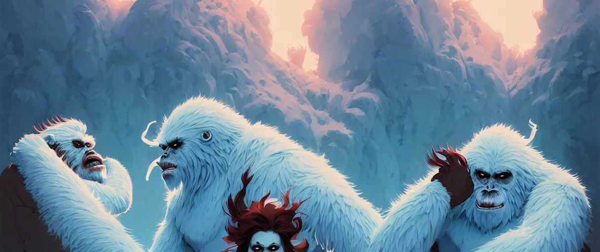 Prompt: beautiful artistic - wave highly detailed portrait of yeti and bigfoot, with kitsune mask, long red hair, by atey ghailan, by greg rutkowski, by greg tocchini, by james gilleard, by joe fenton, by kaethe butcher, dynamic lighting, gradient light blue, brown, blonde cream and white color scheme, grunge aesthetic