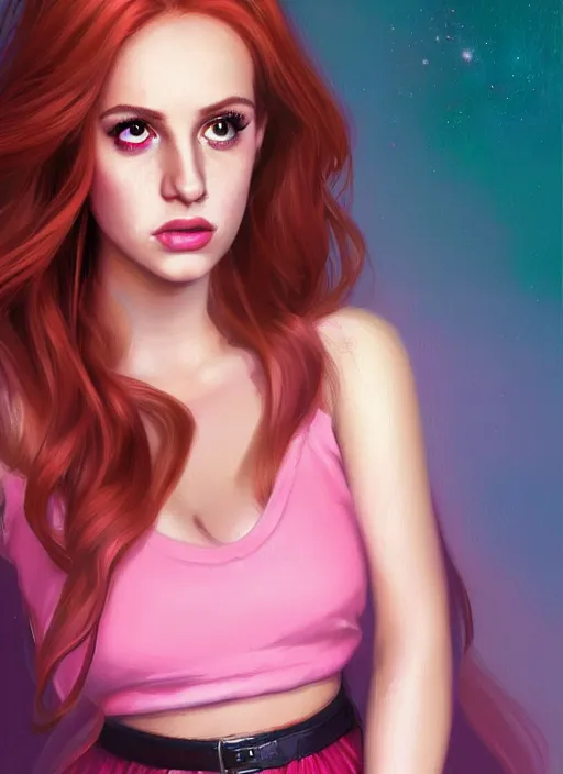 Image similar to full body portrait of teenage cheryl blossom, bangs, green eyes, sultry expression, red hair, sultry smirk, bangs and wavy hair, pink skirt, bangs, intricate, elegant, glowing lights, highly detailed, digital painting, artstation, concept art, smooth, sharp focus, illustration, art by wlop, mars ravelo and greg rutkowski