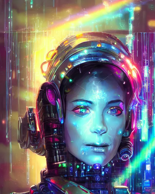 Prompt: a cyberpunk close up portrait of enchanting cyborg cleopatra, electricity, rainbow, sparks, bokeh, soft focus, sparkling, glisten, water drops, cold, dark, geometric, temples behind her, by paul lehr, jesper ejsing