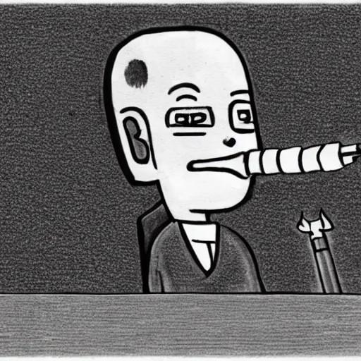 Prompt: gray alien smoking a cigarette, testifying in court, court drawing