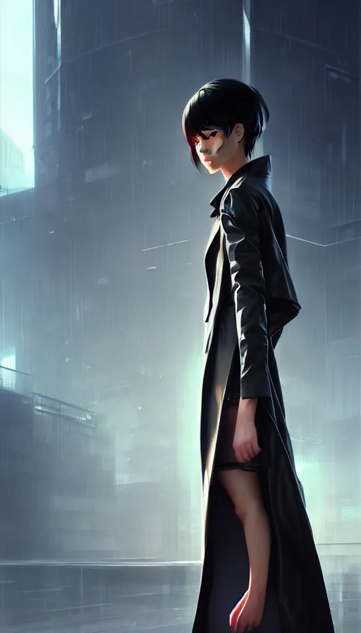 Image similar to realistic render of a cyborg - girl wearing a long trench coat by ross draws, futuristic dystopian city by ilya kuvshinov, digital anime art by ross tran, composition by sana takeda, lighting by greg rutkowski