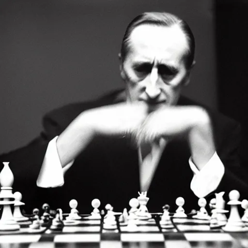 Prompt: a of Marcel Duchamp playing chess, reuters by Trent Parke