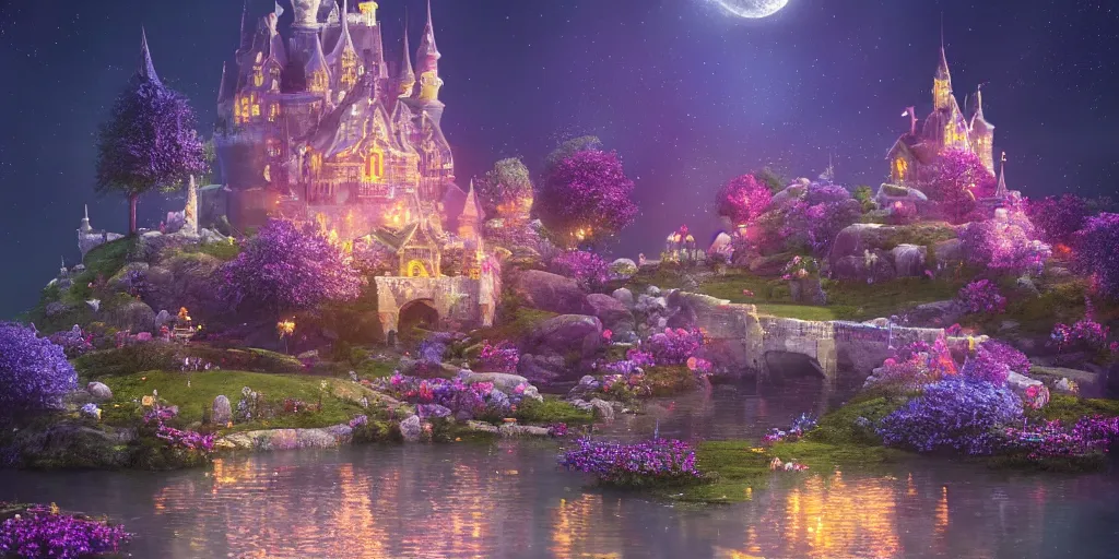 Image similar to a single glittering fairy castle at night, a full moon, water and colourful flowers, extremely detailed oil painting, unreal 5 render, fantasy digital art, octane render, beautiful composition, trending on artstation, award-winning photograph, masterpiece