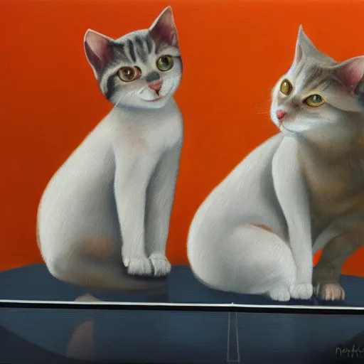 Prompt: dos gatos jugando al ping - pong sobre fondo naranja, oil painting