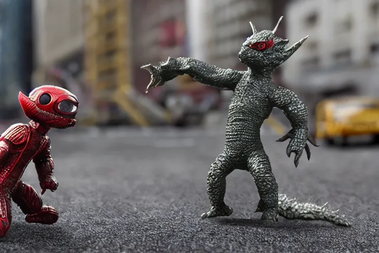 Prompt: film still of tiny godzilla fighting in a little model of new york city in the new godzilla ant man crossover movie, macro lens