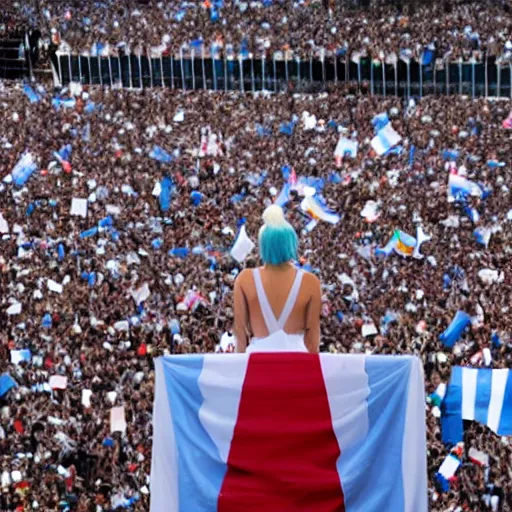 Image similar to Lady Gaga as president, Argentina presidential rally, Argentine flags behind, bokeh, giving a speech, detailed face, Argentina