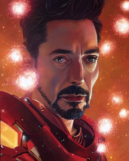 Image similar to a character portrait of handsome iron man with glow, surrounded with spiriling sparkling flash crystals and galaxies, by jesper ejsing, aleksi briclot, hyper light drifter, by ilya kuvshinov katsuhiro, jim burns, ed emshwiller, greg rutkowski, trending on artstation