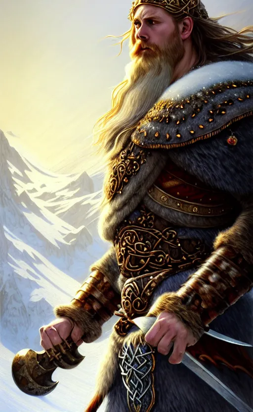 Image similar to moonstone viking warrior, regal, elegant, winter, snow, beautiful, stunning, hd, illustration, epic, d & d, fantasy, intricate, elegant, highly detailed, wide angle, digital painting, artstation, concept art, smooth, sharp focus, illustration, wallpaper, art by artgerm and greg rutkowski and alphonse mucha and jin xiaodi