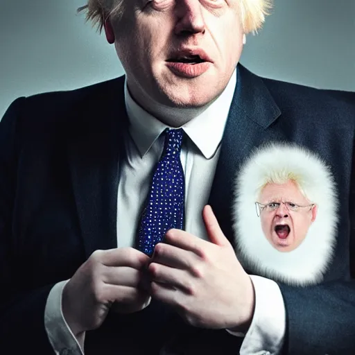 Image similar to Boris Johnson with Colonel Sanders body, realistic artstyle, wide shot, dramatic lighting, octane render, hyperrealistic, high quality, highly detailed, HD, beautiful, cinematic, 8k, unreal engine, facial accuracy, symmetrical