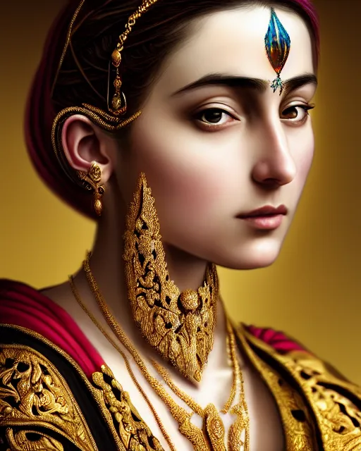 Prompt: photo of a gorgeous young yezidi woman wearing elaborate baroque jewelry and face tattoos in the style of stefan kostic, realistic, sharp focus, symmetric, 8k high definition, insanely detailed, intricate, elegant, art by stanley lau and artgerm, William-Adolphe Bouguereau