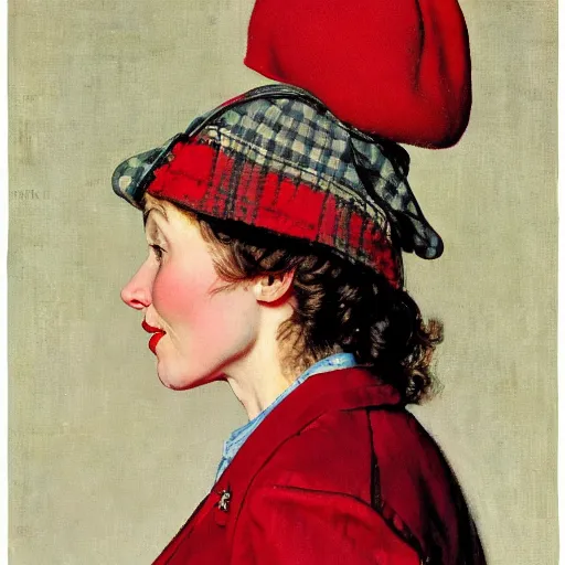 Image similar to portrait of a woman wearing a plaid blazer and red beret, by norman rockwell.