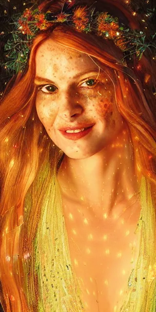 Image similar to a totally amazed smiling pretty woman surrounded by golden firefly lights in a mesmerizing scene, fully covering intricate detailed bohemian outfit, long loose red hair, precise linework, accurate green eyes, small nose with freckles, beautiful smooth oval head, expressive emotions, hyper realistic ultrafine portrait by artemisia gentileschi, jessica rossier, greg rutkowski, artgerm