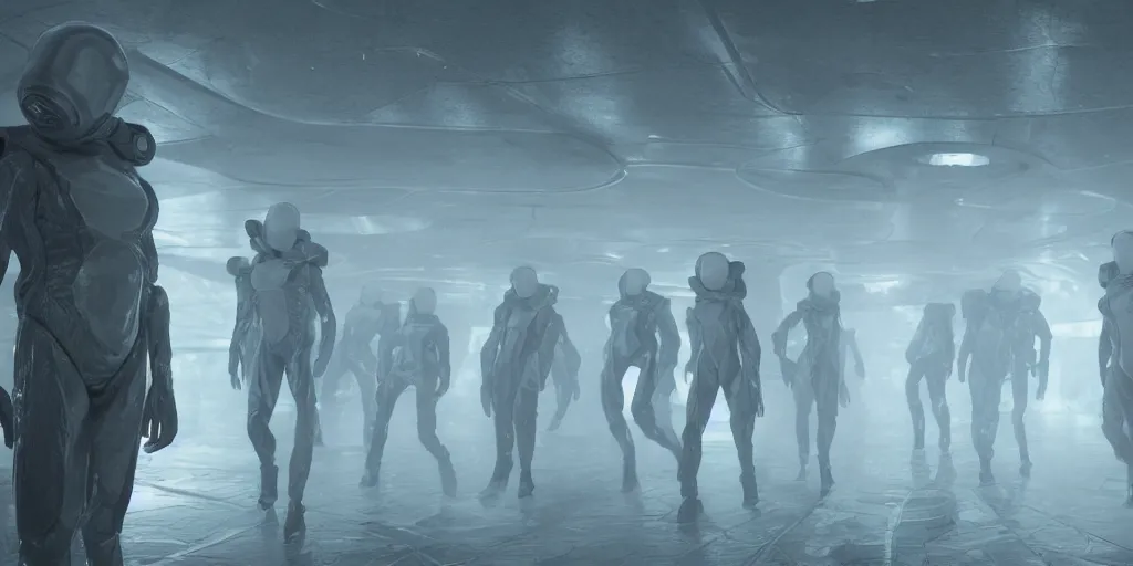 Image similar to sci - fi alien squad in wet cloaks, infiltrating on the ceiling at midnight storm, lightning, unreal engine 5, octane, volumetric light