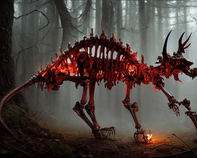 Image similar to 5 5 mm portrait photo of an armored demonic rat skeleton with horns and red eyes, in a magical forest. magical atmosphere. art by greg rutkowski. highly detailed 8 k. intricate. lifelike. soft light. nikon d 8 5 0.