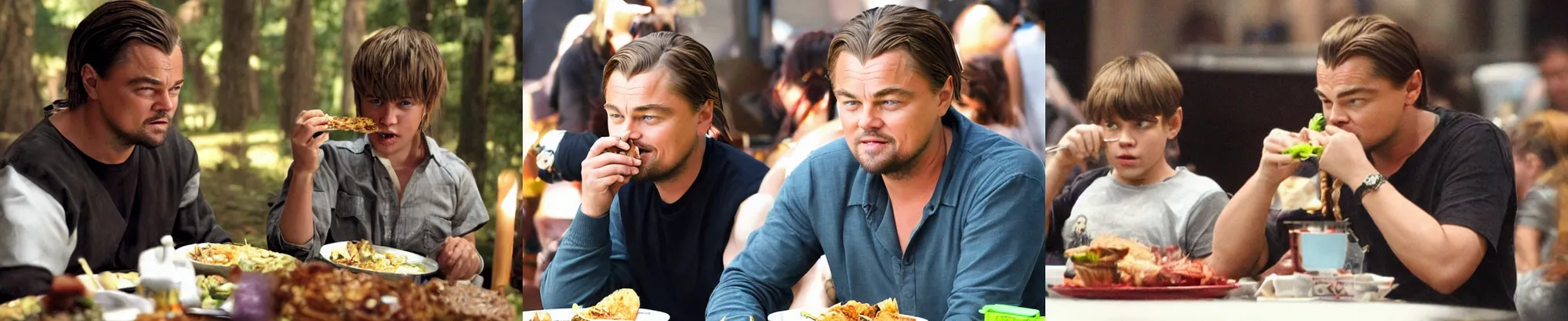 Prompt: leonardo dicaprio with fringe haircut eating food inside the game world of warcraft elwynn forest