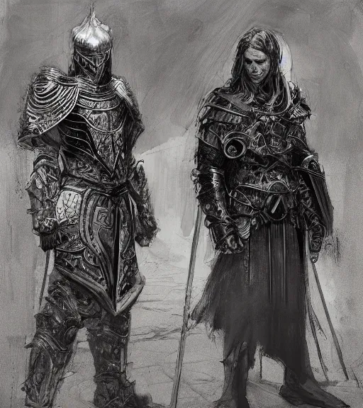 Image similar to portrait of long hair blond man in armor with another man with long blong hair tyed up with black robes, pen and ink, intricate line drawings, by craig mullins, ruan jia, kentaro miura, greg rutkowski, loundraw