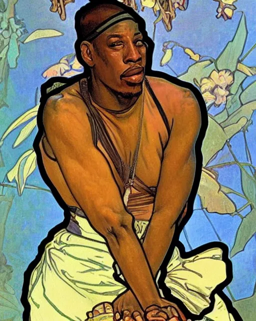 Prompt: a portrait painting of ( ( ( dennis rodman ) ) ) in the style of alphonse mucha!!!