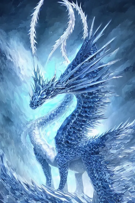 Prompt: a large, white ice dragon with blue accents. it has a long neck, and its body is covered in spikes and scales. its wings are enormous, and it has a long spiky tail. it has a regal appearance, breathing frost, trending on pixiv, by kawacy, digital art, cool lighting, comic, cartoon