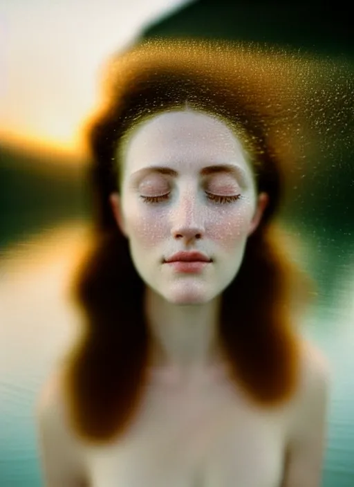 Prompt: Kodak Portra 400, 8K, soft light, volumetric lighting, highly detailed, sharp focus,britt marling style 3/4, Close-up portrait photography of a beautiful woman how pre-Raphaelites a woman with her eyes closed is surrounded by water +symmetrical frontal top view face, with the nape in the water. a beautiful lace dress and hair are intricate with highly detailed realistic beautiful flowers , Realistic, Refined, Highly Detailed, natural outdoor soft pastel lighting colors scheme, outdoor fine art photography, Hyper realistic, photo realistic