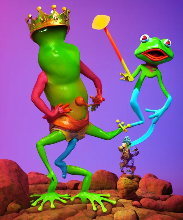 Image similar to clown frog king pulls the sword from the stone, clown frog king wearing clown makeup and rainbow wig, clown crown artwork by Todd Schorr, 3D rendering by Beeple