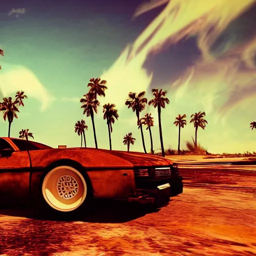 Prompt: wide shot epic car on fire post apocalyptic landscape wasteland miami desert fire craters natural disasters miami beach sunset fucked up palm trees landscape on fire 80s retrowave unreal engine apocalypse