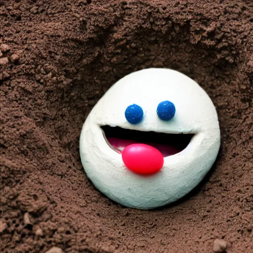 Image similar to photo of a small round creature made of dirt with round blue eyes and a round clown nose and a cute smile