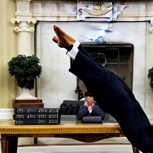 Image similar to barack obama doing a handstand in the oval office