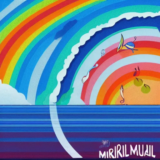 Image similar to miracle musical Hawaii part ii album cover, showing an ocean in the background, spiral transparent stairs on the left, a slight rainbow in the background, white outline border, moon in the right top area