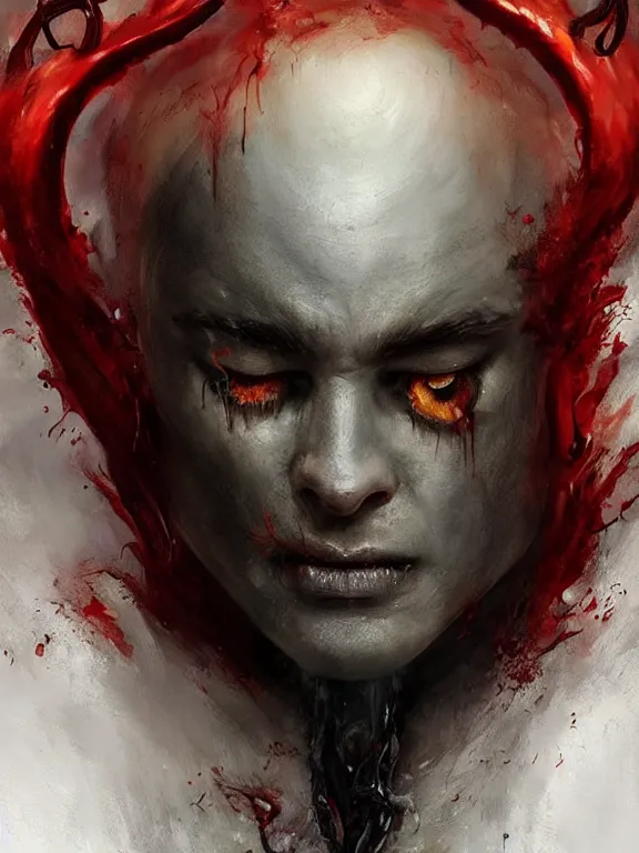 Image similar to painting by greg rutkowski of a flying sorrowful looking human head with tears running down it's eyes, face that is chalk white in color, with long sprawling white tentacles stemming down it's neck, fiery scorching red eyes, flying in a terrying hellish dark cavernous place