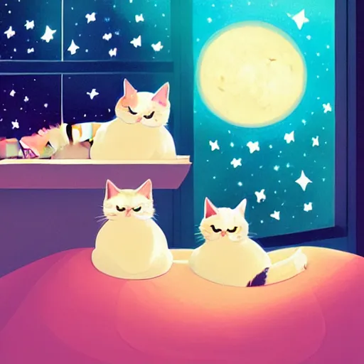 Image similar to two cute multi - colored calico cats sleeping inside a cozy home in the evening, stars shining in the night sky through the window,, artstation, cgsociety, storybook art