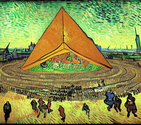 Image similar to a giant triangular dumpling with meat in the center eats people in the city of the future, people run and scream, by van gogh, realism, futurism