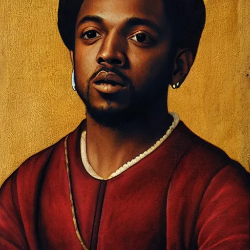 Image similar to a renaissance style portrait painting of kendrick lamar