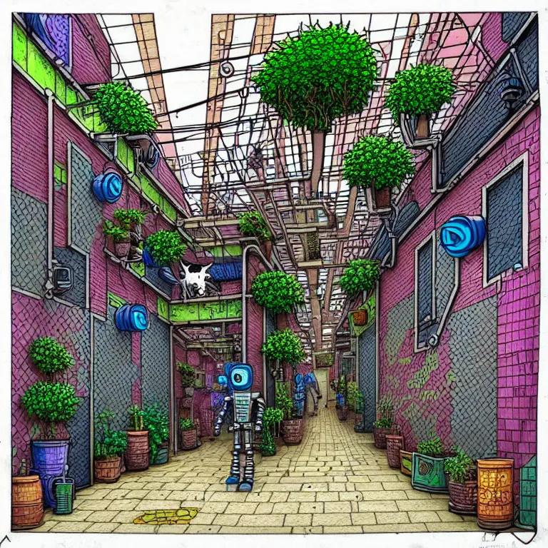 Prompt: an absurdly-detailed cyberpunk alleyway colored-pen drawing as a fancy square tile. Cats and Robots and Potted-Plants.