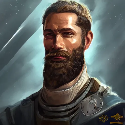 Image similar to portrait of a Germanic man with a beard and flight suit, D&D, sci-fi, elegant, hopeful, muscular, highly detailed, digital painting, artstation, concept art, smooth, sharp focus, illustration