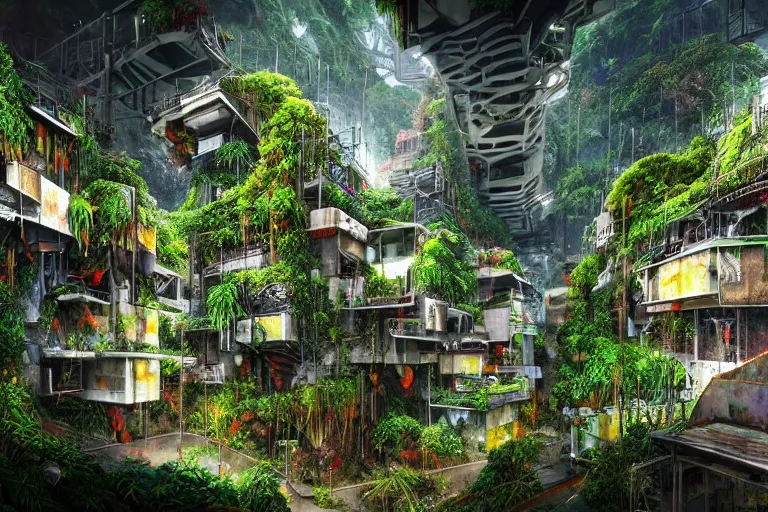 Image similar to favela winding cybernetic bunker, lush floral jungle environment, industrial factory, haunting, award winning art, epic dreamlike fantasy landscape, ultra realistic,