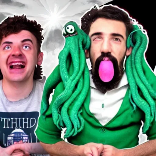 Prompt: YouTubers reacting to Cthulhu rising from the ocean