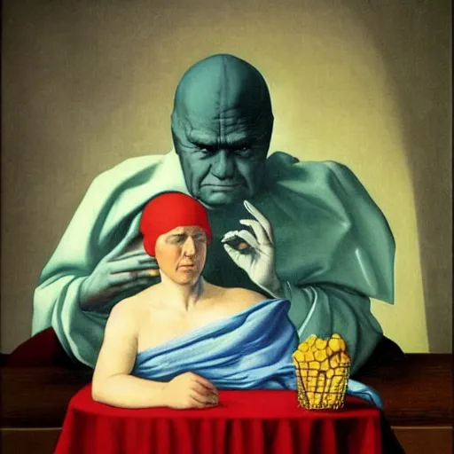 Prompt: a fortune teller giving you a bad day by Raphael, Hopper, and Rene Magritte. detailed, romantic, enchanting, trending on artstation.