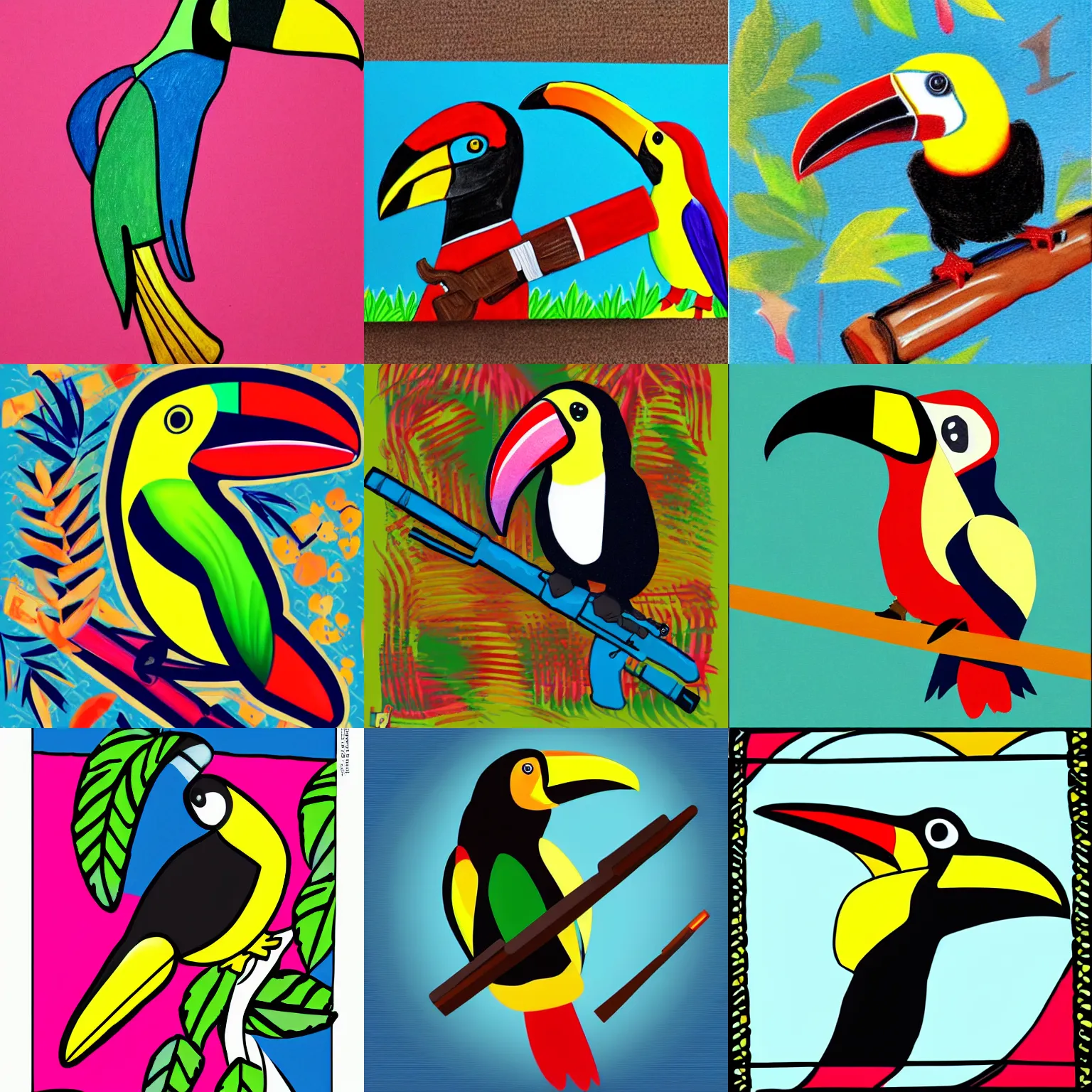 Prompt: toucan bird bird holding rifle, colorful stylistic drawing