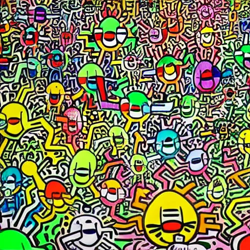 Prompt: collective culture of a metropolis in the style of takashi murakami by keith haring, empty green canvas, pop culture, colorful