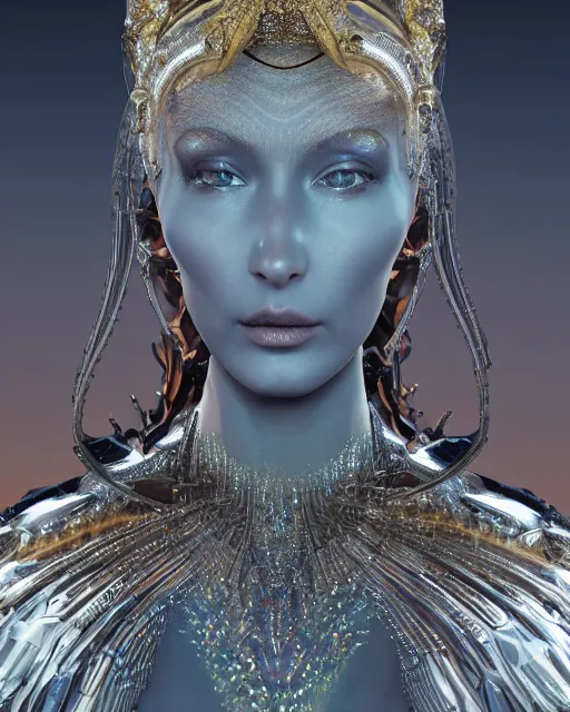 Image similar to a highly detailed metahuman 4 k close up render of an alien goddess bella hadid as goddess in iris van herpen dress schiaparelli in diamonds crystals swarovski and jewelry iridescent in style of alphonse mucha gustav klimt trending on artstation made in unreal engine 4