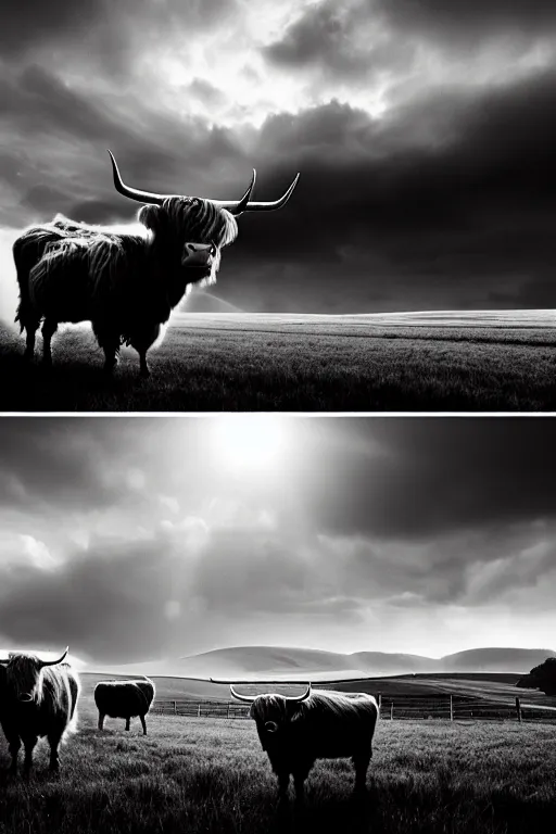 Prompt: peaceful farmland and highland cattle, in the style of tim smith, solarpunk, atmospheric, clean, intricate and epic composition, gray by caravaggio, insanely quality, highly detailed, masterpiece, white light, artstation, 4 k