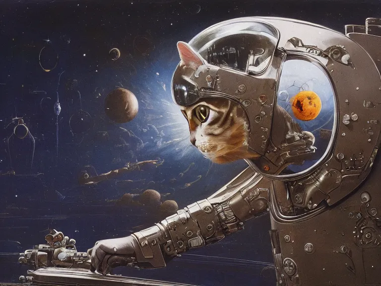 Prompt: a detailed profile painting of a cat in a spacesuit, chrome symmetrical and science fiction theme by beksinski carl spitzweg and tuomas korpi. baroque elements, full-length view. baroque element. intricate artwork by caravaggio. Trending on artstation. 8k