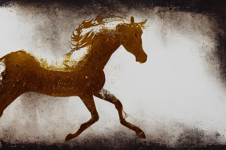 Image similar to beautiful serene horse, healing through motion, minimalistic golden ink aribrush painting on white background