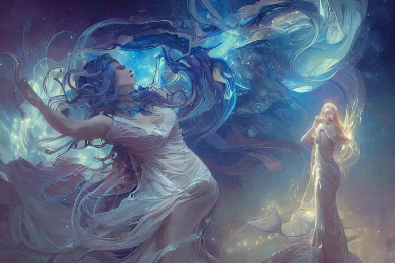 Prompt: ghostly figures in a nebula of sound, arcs of fiery neon light, swirling mystical particles and musical notes floating, beautiful, intricate, highly detailed concept art by artgerm and greg rutkowski and alphonse mucha