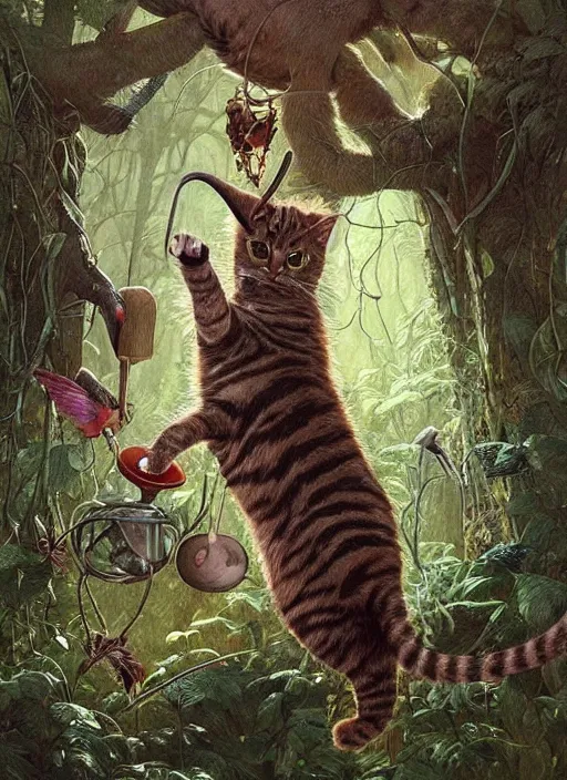 Image similar to a hyper realistic illustrated cat with playing with a hummingbird on its paw in the woods gorgeous lighting, lush forest foliage painting by chiara bautista and beksinski and norman rockwell and greg rutkowski weta studio, and lucasfilm